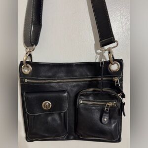 Roots Black Leather Crossbody Bag with Silver Accents EUC